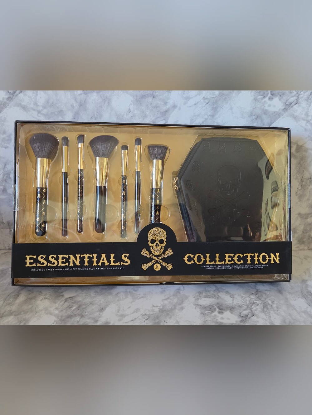 Essentials Collection Black & Gold Skull Coffin Makeup Brush Set with Case